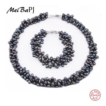

[MeiBaPJ] 925 Silver 100% White Natural Freshwater pearl Jewelry Sets Real pearl Necklace Bracelet Jewelry Sets for women