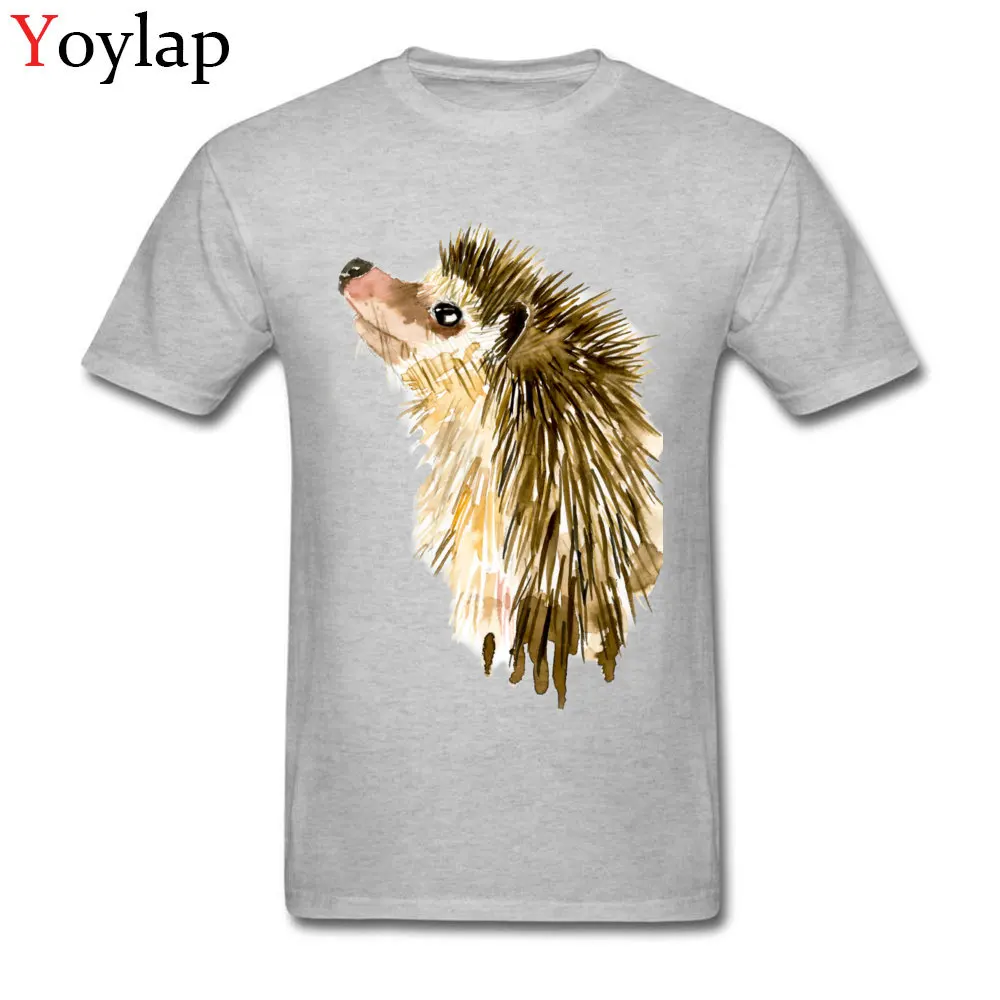 Adult T Shirt Crazy Normal Short Sleeve Summer Fall Tops T Shirt Plain Round Collar 100% Cotton Tee-Shirt Watercolor Little Hedgehog grey