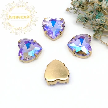 

Crystal violet AB Heart Glass Crystal sew on rhinestones with gold claw Diy wedding dress accessories Free shipping