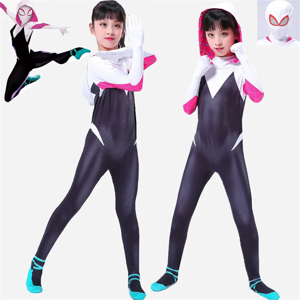 Дети девочки 3D Гвен Стейси Косплэй костюм Spidergirl супергерой zentai Боди Комбинезоны для женщин