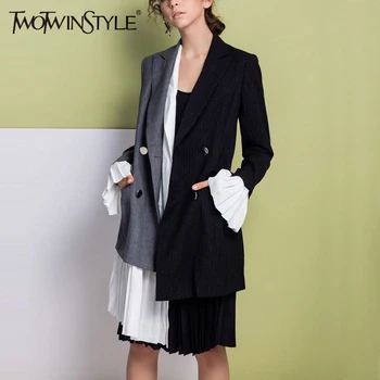 

TWOTWINSTYLE Patchwork Chiffon Asymmetrical Coat Female Jacket Flare Long Sleeve Women's Blazer Costume Fashion Clothes Autumn