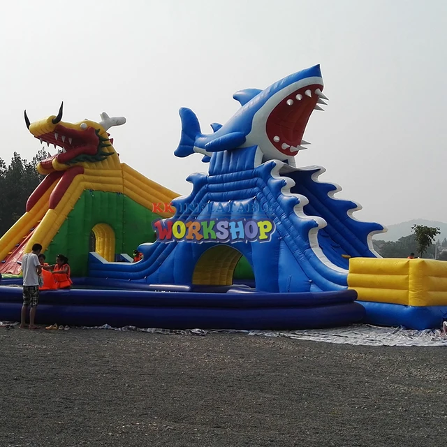 Outdoor Mobile Anime Featured Funtastic Funcity Dragon&Shark Inflatable water Park For Summer Holidays 1