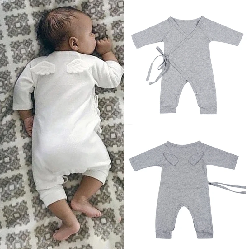

Baby Angel Wings Romper 2018 Autumn Long Sleeve Baby Boy Girls Solid Gray/White Rompers Newborn Kids Baby Outfits Costume