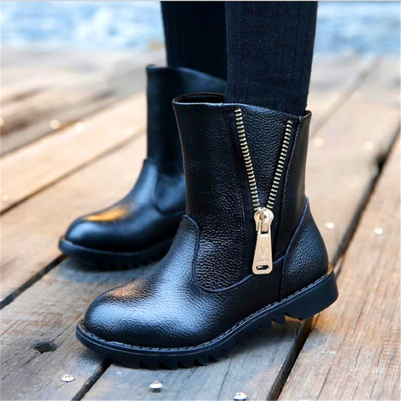 

Boys Girls Genuine Leather Boots Children's Winter Boots Shoes Waterproof Zipper Boots Ankle For Kids Female Snow Fur Red Black