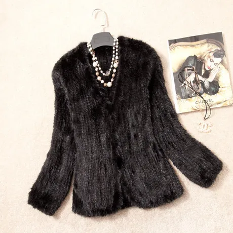 Женская короткая шуба из натурального меха норки с V образным вырезом|knitted mink fur