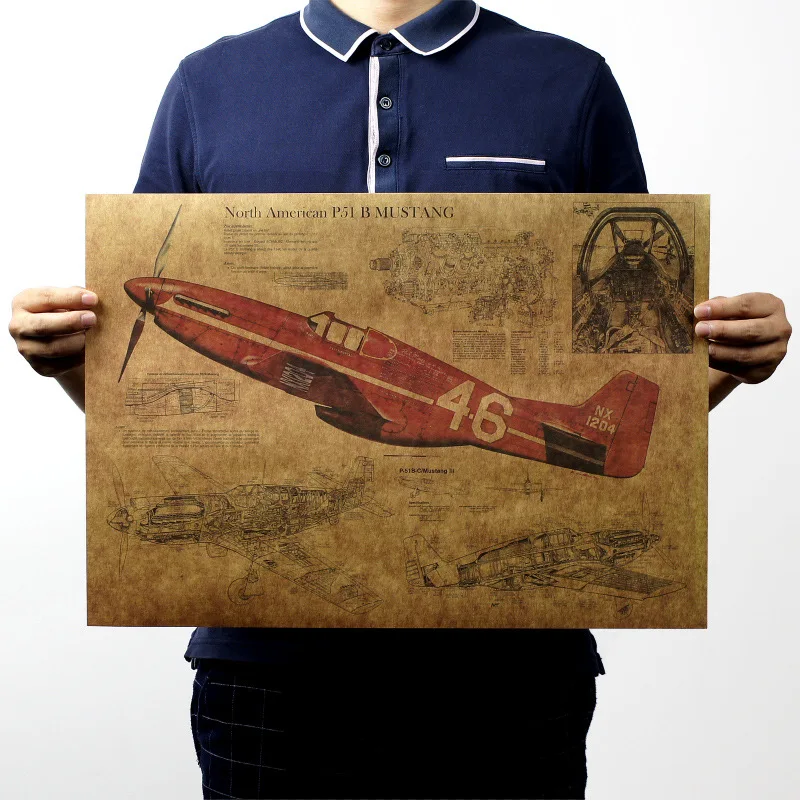 

H092" P51 Mustang fighter/World War II United States/structure drawing/kraft paper poster 51x35.5cm