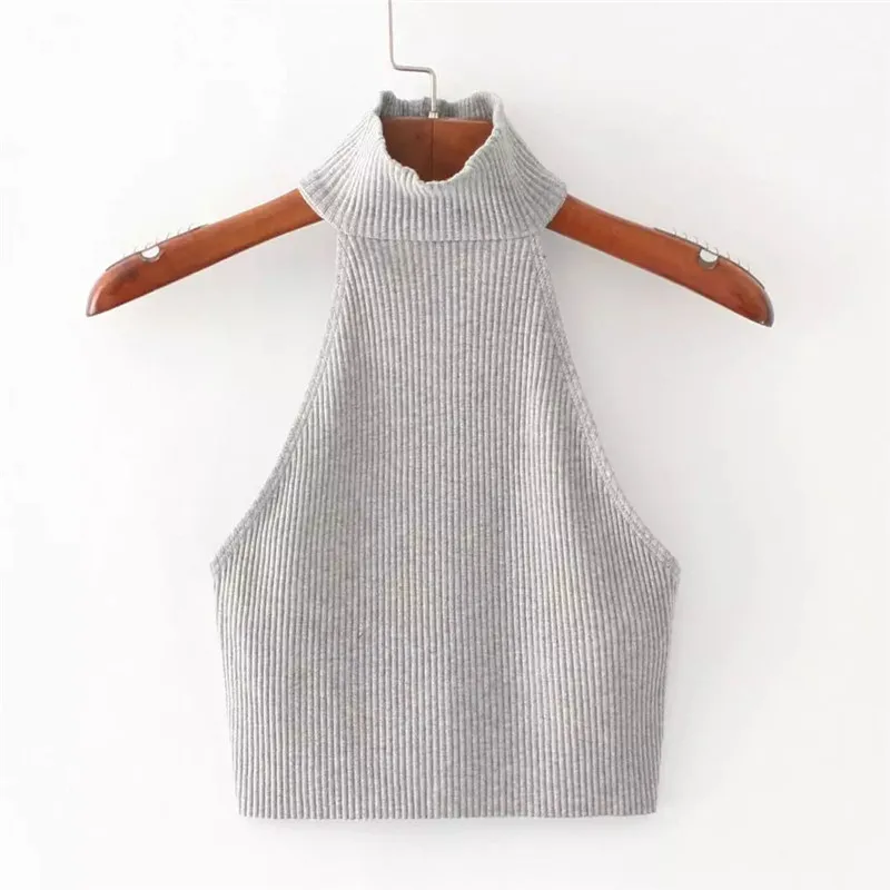 Women Sexy Knitted Crop Top Tube Neck High Collar Bustier Vest Strapless Tops Summer Solid Sleeveless backless Tank Camis Feamle