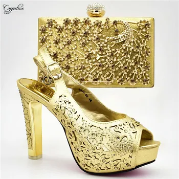 

Wonderful Italian design high heel sandal shoes and purse handbag set matching for party dress 8281-86 in gold, heel height 12cm