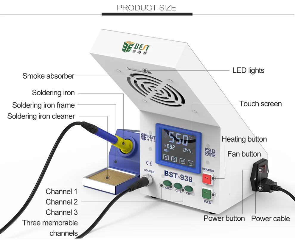 BST-938 Антистатическая паяльная станция с термостатом с инструмент для курения светодиодный светильник регулировка температуры паяльник станция инструмент