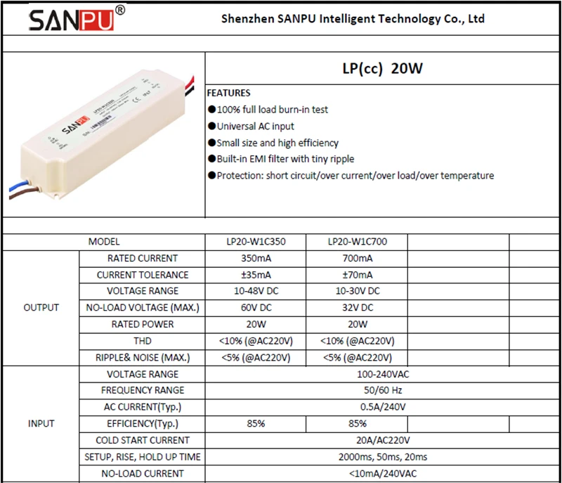 Sanpu LED адаптер драйвер 350mA 20 Вт 48 в постоянный ток питание SMPS водонепроницаемый IP67 AC/DC 10-48 В трансформатор освещения пластиковый чехол