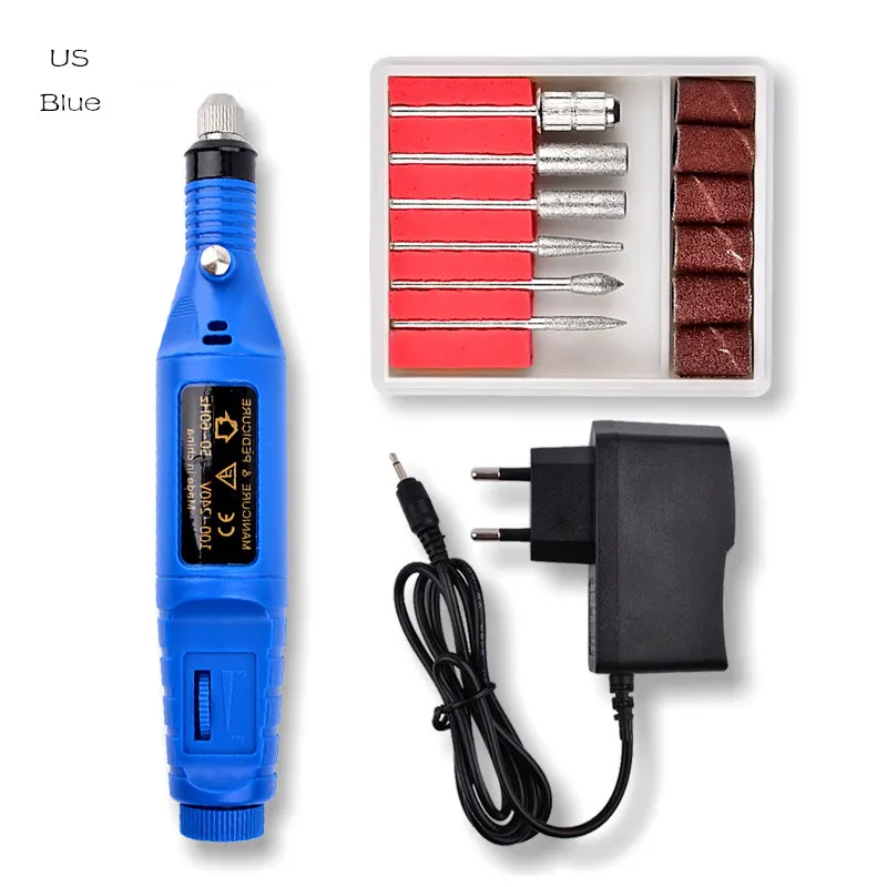 1 Набор мощный профессиональный Электрический Маникюрный станок, ручка для педикюра, пилочка для ногтей, инструменты для ногтей, 6 бит, дрель для ногтей, сверлильный станок, Европейский и американский тип - Цвет: US Blue