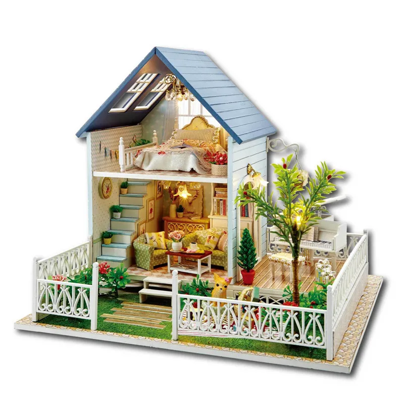 

Cute Families House DIY Puppet Miniature Nordic Holiday Assembled House Led Doll House Toy for Children Juguetes Brinquedos