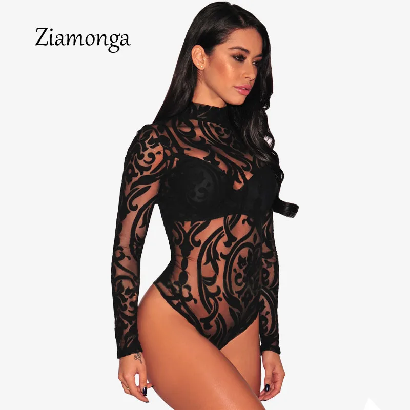Ziamonga See Through Sexy Bodysuit Women Rompers Bodycon Jumpsuit Transparent Bodysuits Women Long Sleeve Mesh Bodysuit C2915