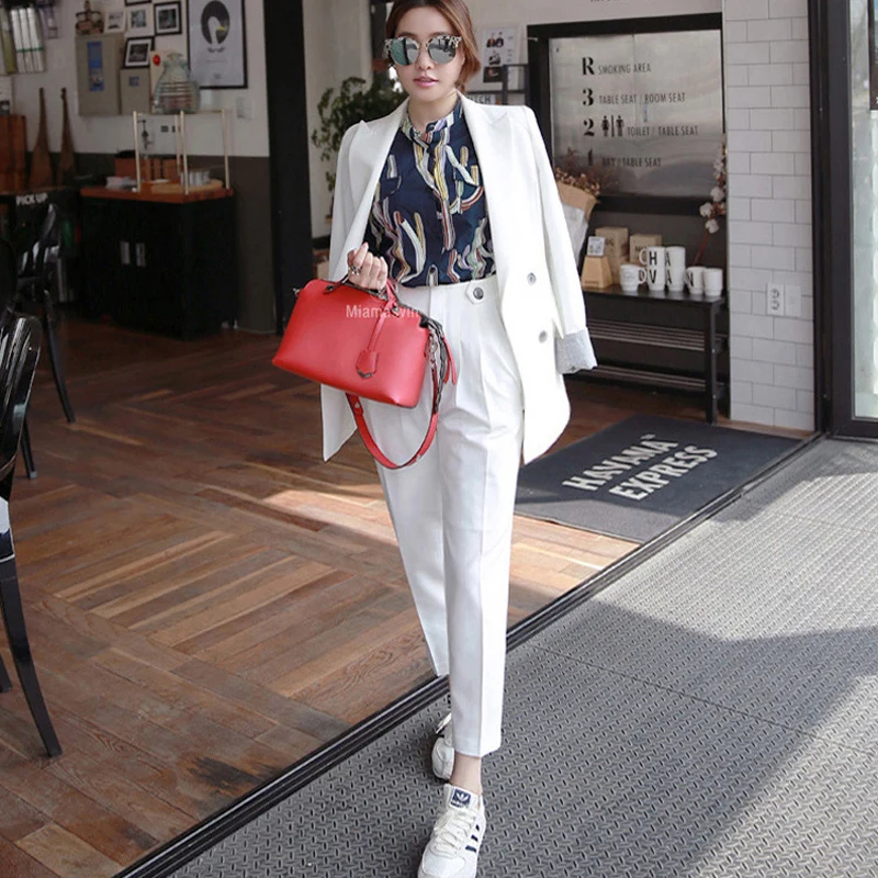 

2018 Business Women Pencil Pant Suits 2 Piece Sets White Solid Blazer + Pencil Pant Office Lady Notched Jacket Female Outfits