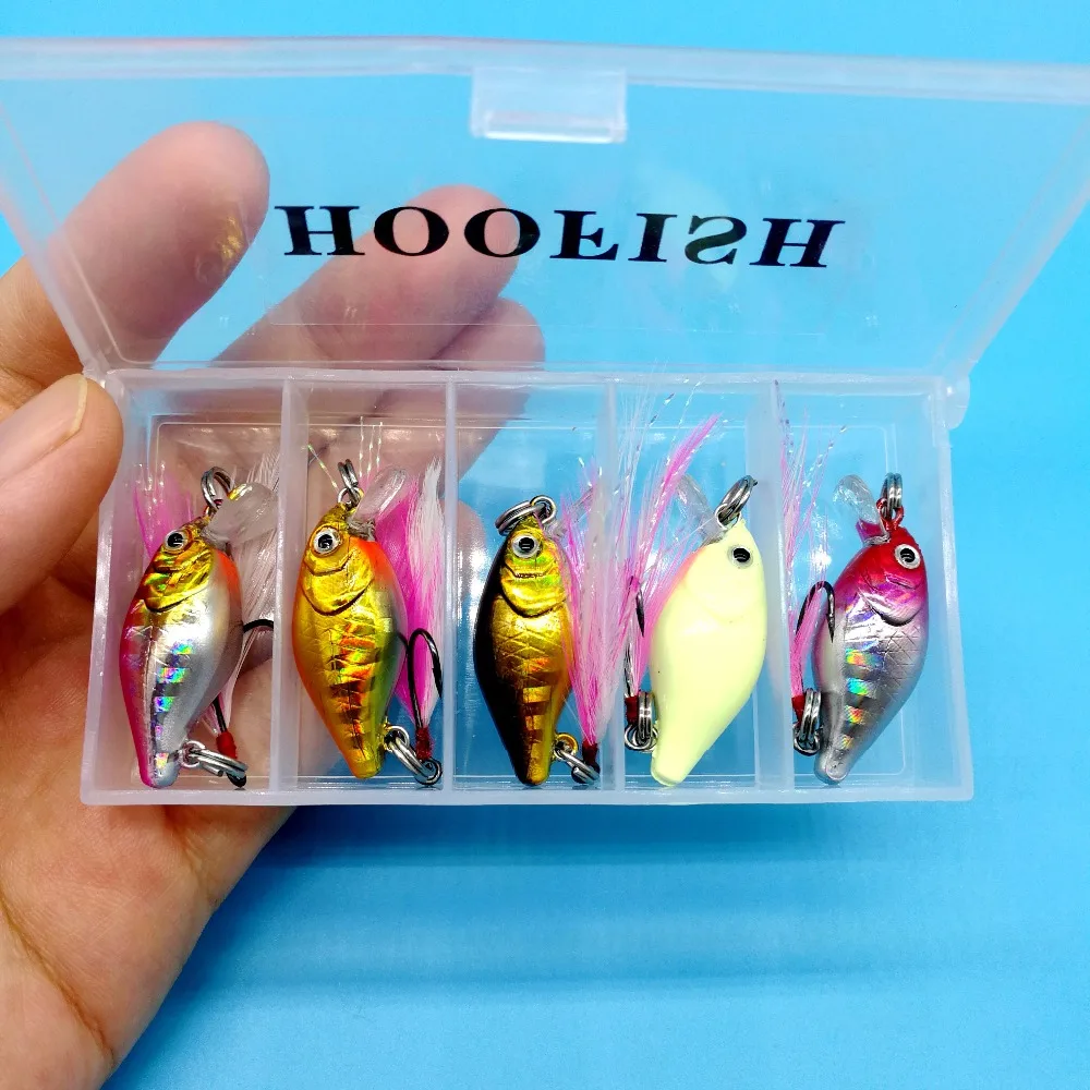 HOOFISH 5 шт. + 1 коробка/LOT Мини Crank рыболовные Lure2g/3 см 5 цветов Симпатичные Жесткий Bait искусственные приманки для бас Судака форели