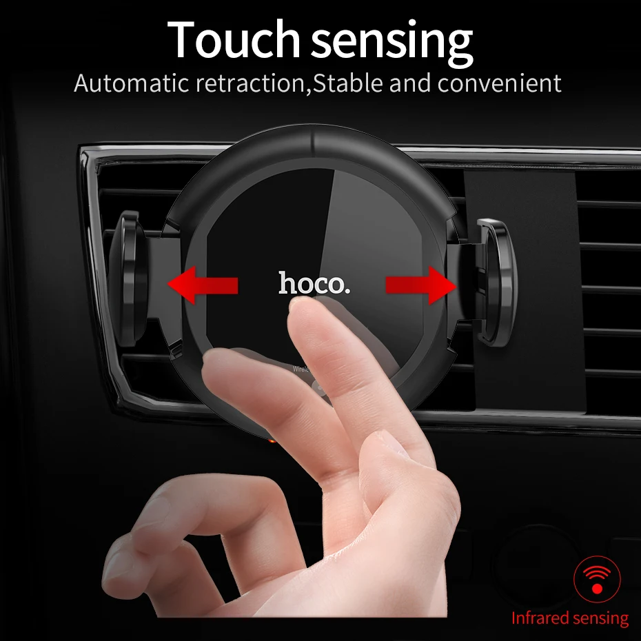 Ceny HOCO uchwyt samochodowy Qi bezprzewodowa szybka ładowarka dla iPhone XS Max X XR uchwyt samochodowy telefon podczerwieni Auto Sensing dla Samsung uwaga 9 S9 S8