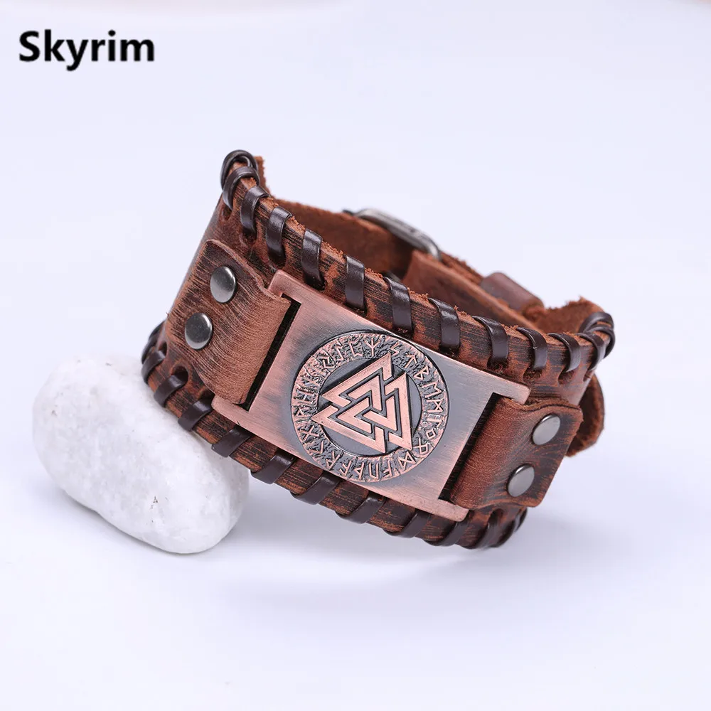 Skyrim Viking Valknut 24 нордические руны широкий кожаный браслет амулет Регулируемый винтажный славянский норвежский мужской ювелирный браслет - Окраска металла: brown-antique copper