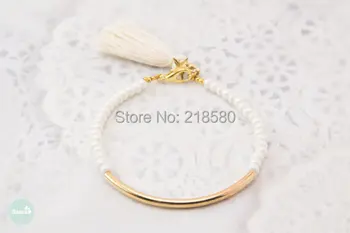 

H-B64 Trible Jewelry Gold Silver Tube Bracelet White Seed Beaded Tassel Bracelet