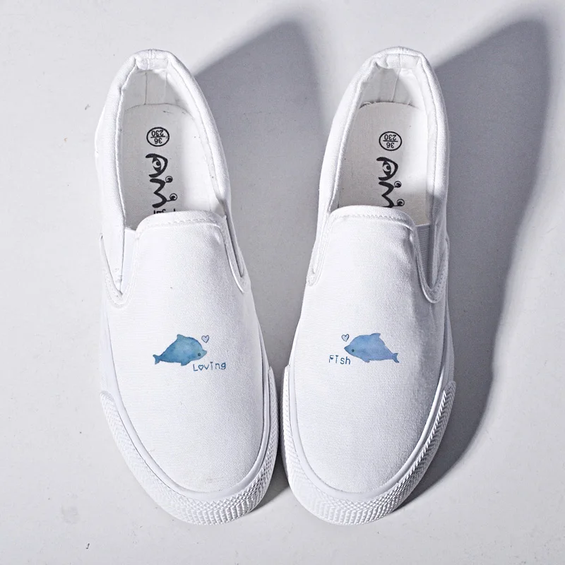 

Slip on Women's White Tennis Autumn 2018 Cute Hand Painted Loafers Woman Canvas Espadrilles Animal Shoe Girls