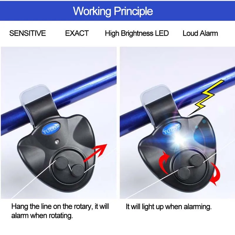 KOBWA Electronic Bite Fish Alarm Sensitive Waterproof LED Indicator Light Alert Bell System Clip On Fishing Rod 