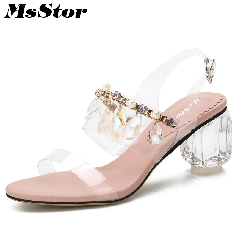 

MsStor Round Toe Open Toed Women Sandals Fashion Peep Toe Chain Pearl High Heels Crystal Sandals Buckle Women High Heel Sandals