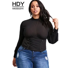 HDY2017 Fashion women large size simple stand collar zipper hollow front waist cross strap lantern sleeves solid color shirt