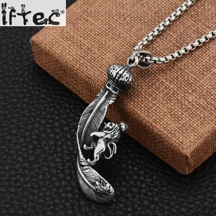 Retro Silver Color Hip Hop Jewelry Male And European Handmade Crown Lion Eagle Feather Pendant Necklace Wholesale | Украшения и