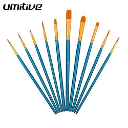 Umitive 10pcs Angled Round Nylon Artist Brush Pen Wooden Handle Brush For Oil Watercolor Acrylic Paint Beginner Art Supplies