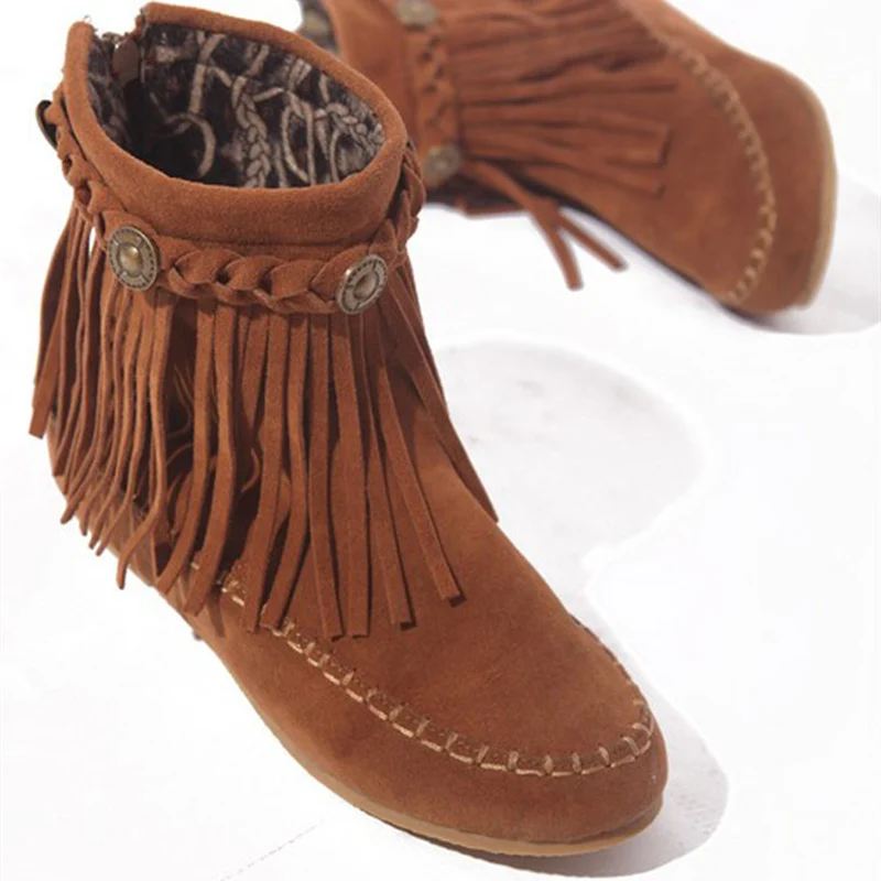 US5-9 Suede Leather Like Moccasin Fringe Tassel Ankle Boots womens wedge shoes