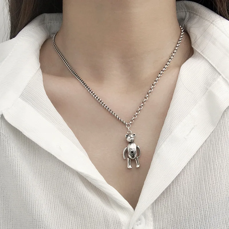 Thai Silver 925 Sterling Silver Rotatable Limbs Bear Pendant Necklace Vintage Silver Punk Big Necklace S925 Choker Women Jewelry