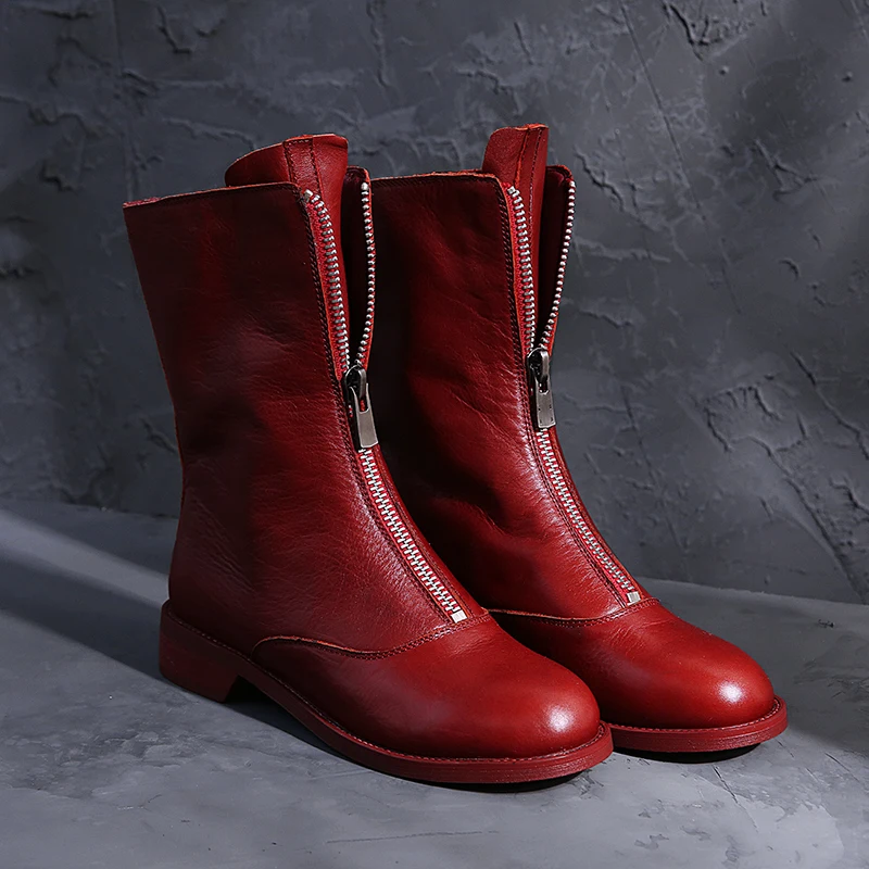 

3 Color Size 34-40 Women's Genuine Leather Front Zip Punk Motorcycle Ankle Boots Brand Designer Retro Vintage Comfort Shoes Sale