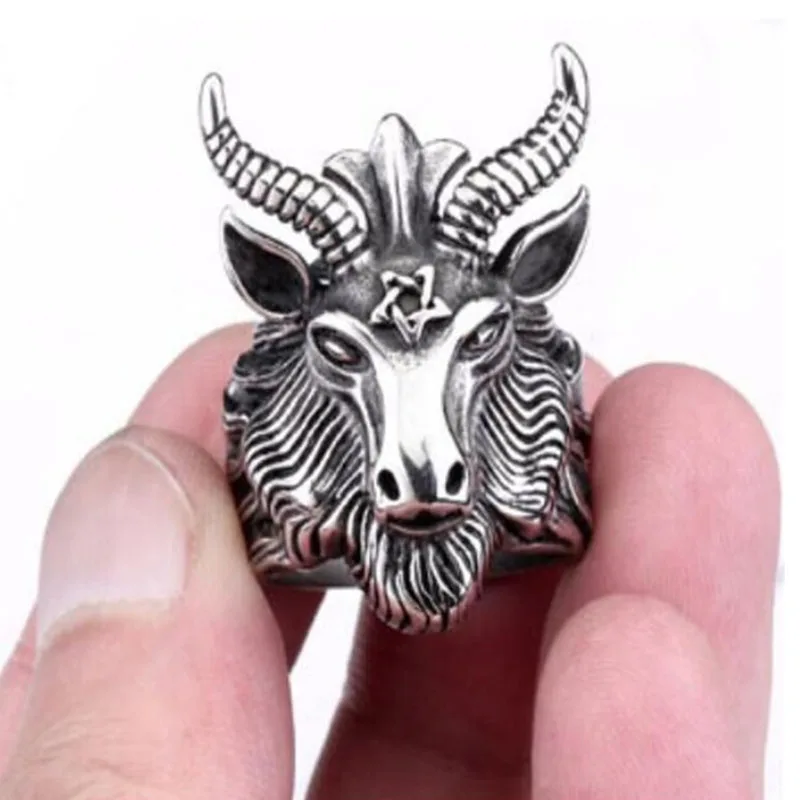 

Men Ring Jewelry Vintage Satan Worship Baphomet Ram Aries Zodiac Sheep Goat Head Horn Biker Ring Wicca Star Baphomet Ring