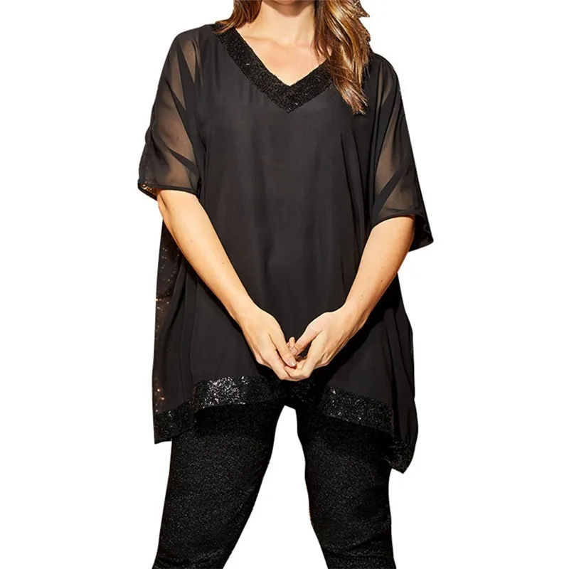 

Summer Plus Size Lady Tee Fashion Loose Patchwork Mesh Sequined Short Sleeve V-Neck 3XL-7XL Overweight Woman Casual Long T-shirt