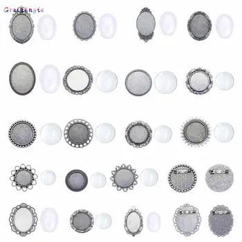 

4sets/lot Multi Shape Silver Brooch Bezel Set with Glass Cabochon Random charms Brooch Pin Jewelry DIY Findings Retro Accessory