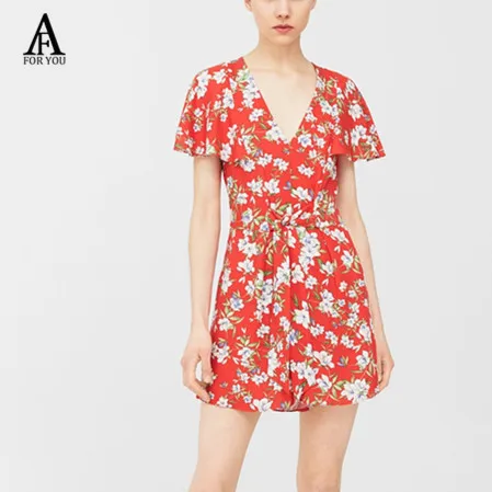 rompers womens jumpsuit print shorts 2017 Sexy short sleeve red playsuit boho romper beach summer overalls | Женская одежда