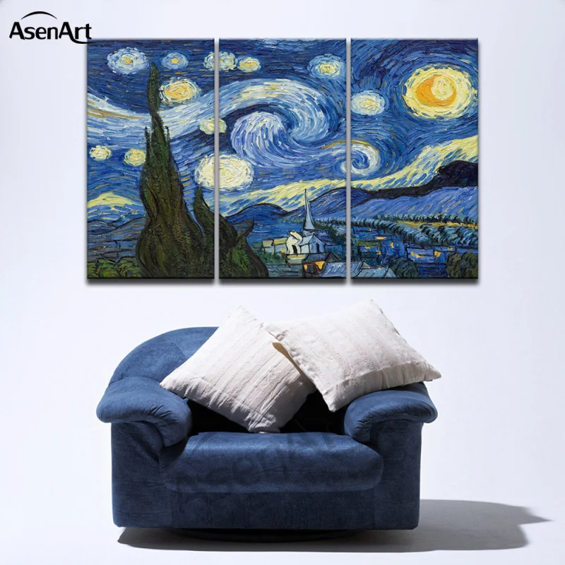 

Starry Night Almond Blossoms by Van Gogh, Reproduction Painting on Canvas, Print Wall Art, Picture, Home Decor, 3 Pieces Set