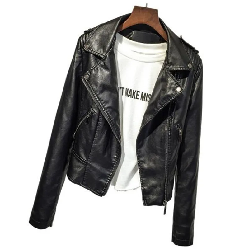 

Spring and Autumn Women's Black Slim cool Ladies PU Leather Jacket Sweet Beauty Zipper artificial Women's Coat Large size