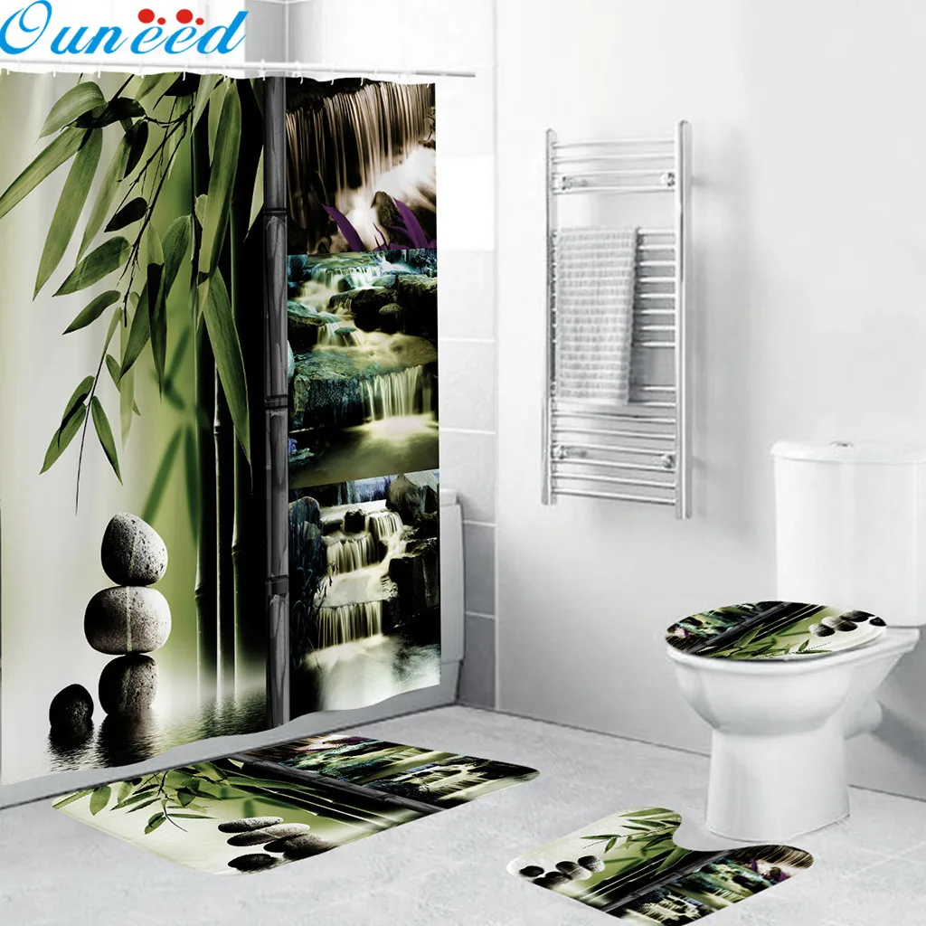 

Ouneed 4PCS set Creative landscape Bathroom Shower Curtains set Non Slip pattern waterproof Toilet Shower curtains Cover Mat set