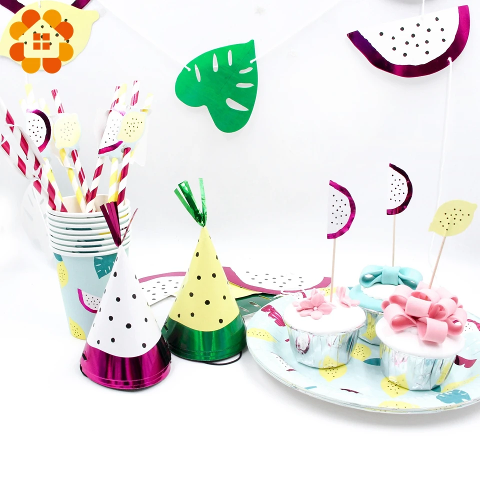 

Lovely Fruits Series Disposable Cartoon Banner Paper Straws Cup Plate Party Supplies Wedding Birthday Pool DIY Party Decoration