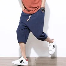 Летние льняные укороченные брюки мужские повседневные однотонные хлопковые шаровары 7/брюки свободные в японском стиле мужские брюки оптом