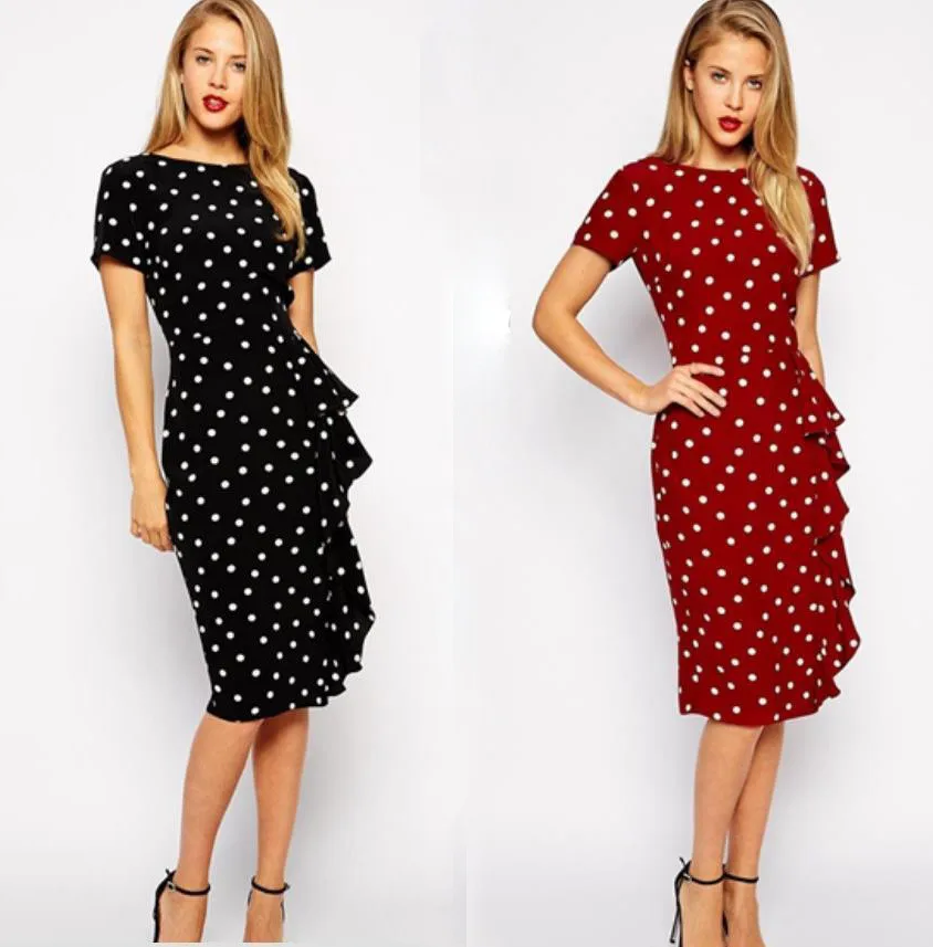 Plus-Size-4XL-Vetement-Femme-Vintage-White-Dot-Print-Women-Outfits-Short-Sleeve-Knee-Length-Ruched