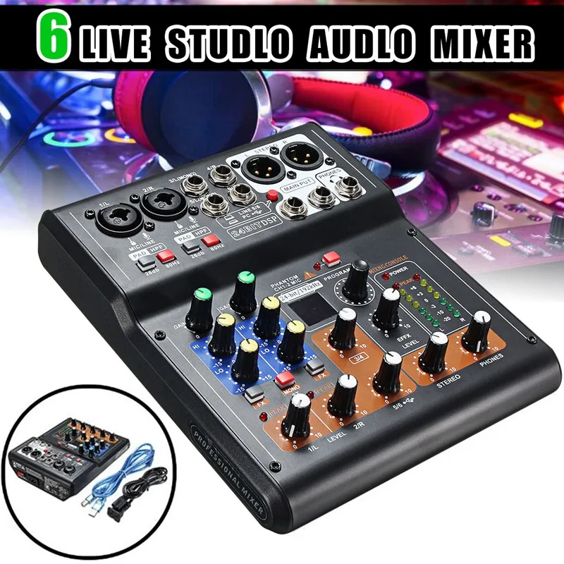 

Portable 6 Channel Live Studio Audio Mixer Phantom Console Mini USB Amplifier Digital Microphone Sound 20x17x6cm for Family KTV