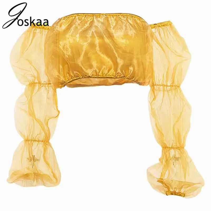 

Joskaa Puff Long Sleeve Mesh See Through Cropped Tops Slash Neck Streetwear Clothes Tees