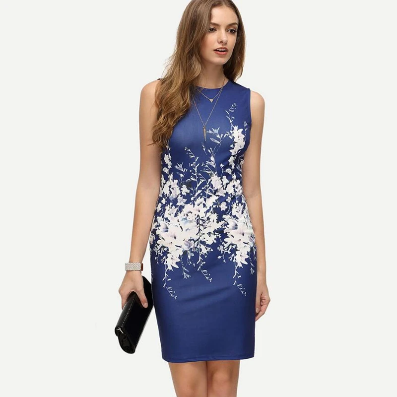 OL Elegant Bodycon Dress 2017 Women Cute Printed Sleeveless Dress