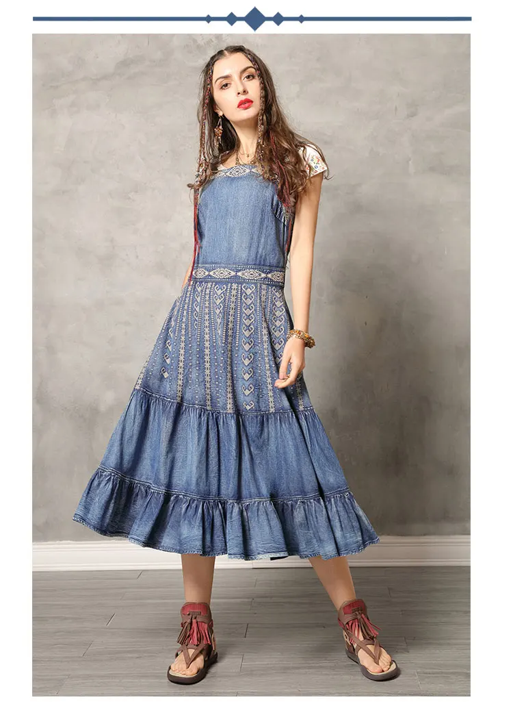 Летнее платье Yuzi. Мая Boho новые джинсовые платья с вырезом лодочкой без рукавов винтажные платья с вышивкой и оборками для женщин A82139