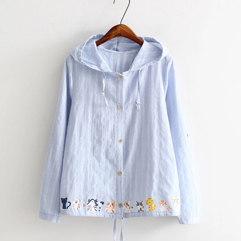 

Spring Autumn Cute Cats Print Hooded Jacket Thin Cardigan Casual Cotton And Linen Outfit Sunscreen Jacket Coats T584