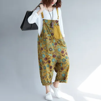 

Denim Wide Leg Jumpsuits Female Oversized ethnic style Print Rompers Big Size Cowboy Cargo bib pants Patchwork Jean Overalls