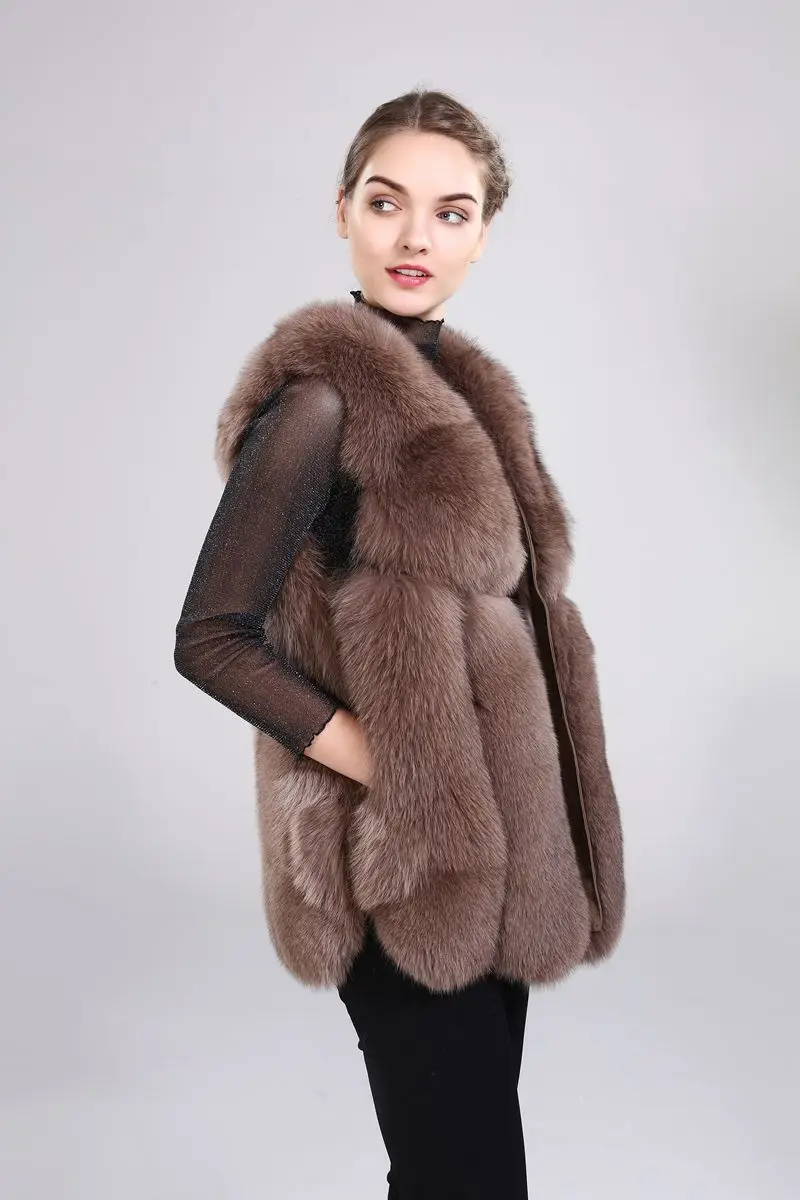Best New arrival lady natural fox fur vest real fur waistcoat thick warm fashion medium long jacket 4