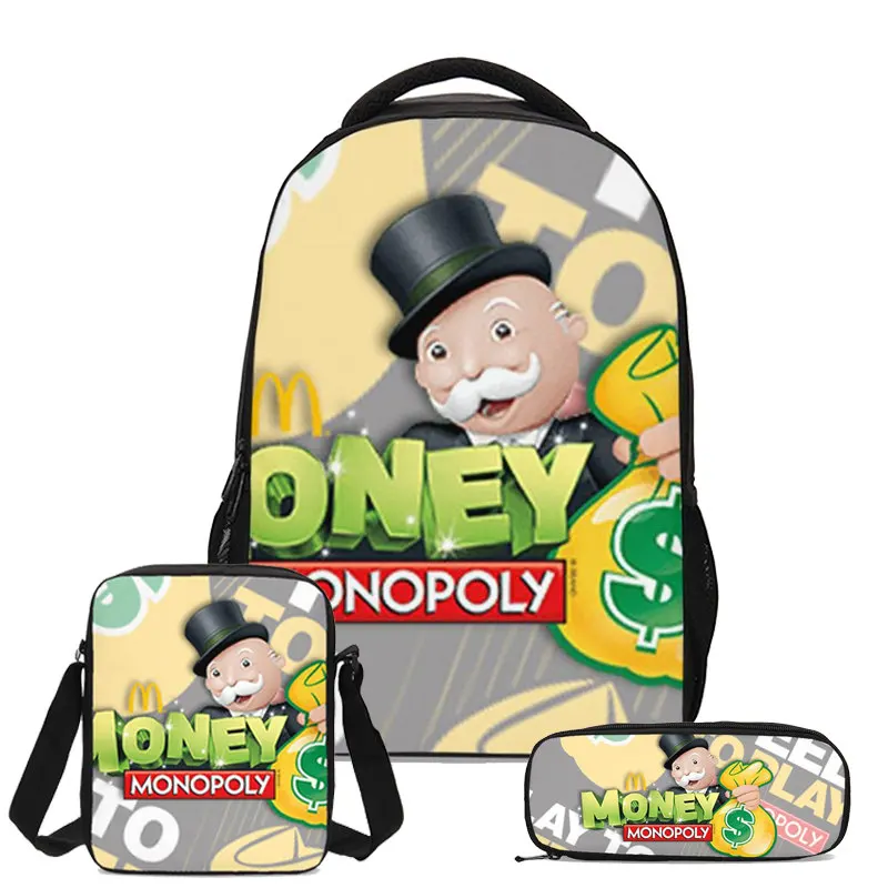 

3Pcs/Set Portfolio School Bag For Boys Girls Cartoon Monopoly Games 3D Printing Bookbag Teenage Children Pen Bag Mochila Escolar