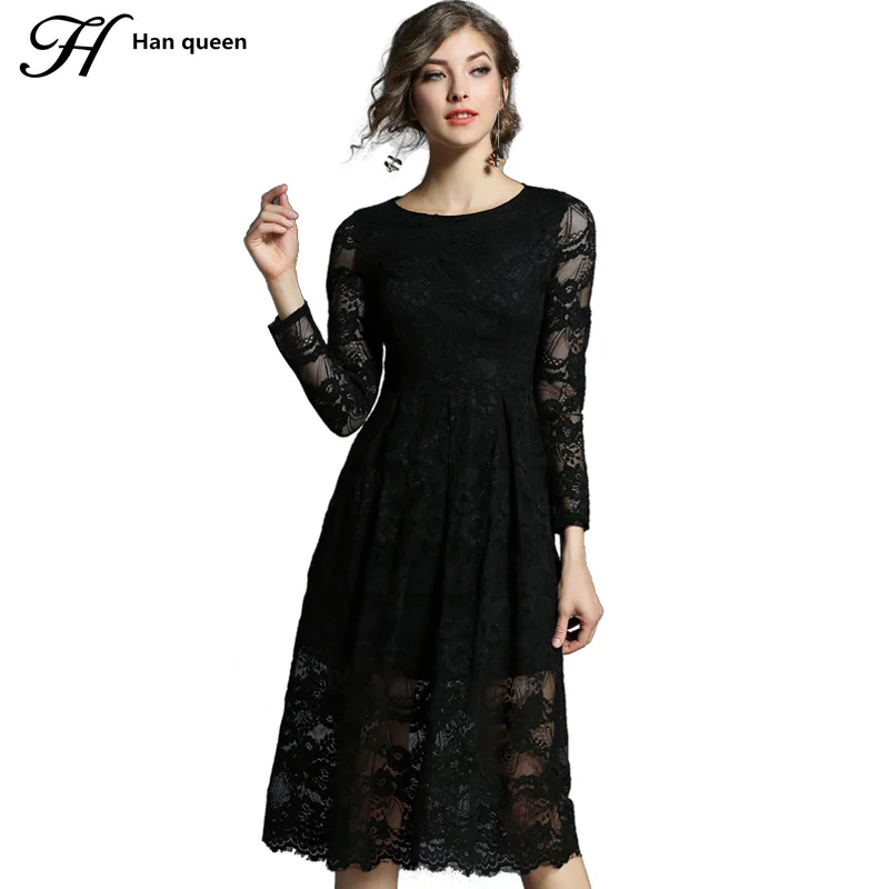 

H Han Queen 2018 Spring Lace Dresses Women Elegant Slim Sexy Long Sleeve Dress Vintage Big Swing Hollow Out Work Casual Vestido
